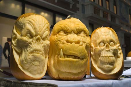Pumpkins carved by artists Villafane and Bergholtz are displayed during a pumpkin carving exhibition in the Grand Canal Shoppes in Las Vegas