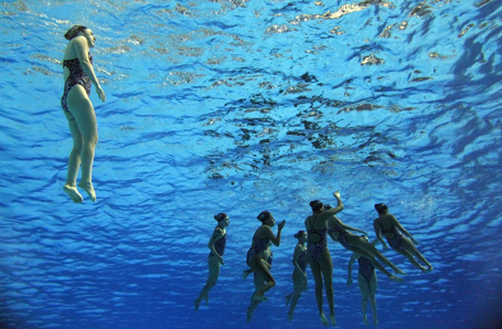 Members of Mexico's team perform during the synchronized swimming practice at the Pan American Games in Guadalajara