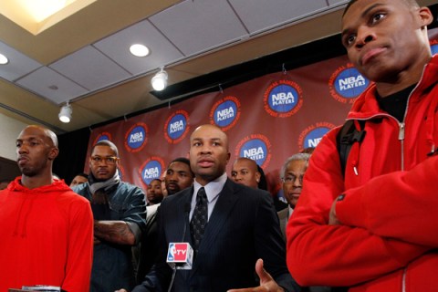 Derek Fish of NBA players association speaks during news conference to reject NBA's latest offer in New York