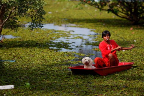 A man and his dog make their way through a flooded area in Ayutthaya