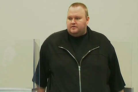 Still image from video shows founder of file-sharing website Megaupload Dotcom at court in Auckland