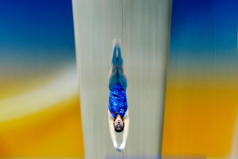 Chen of China dives in the semi-final of the women's 10m Platform competition at the FINA Diving World Cup at the Olympic Aquatics Centre in London