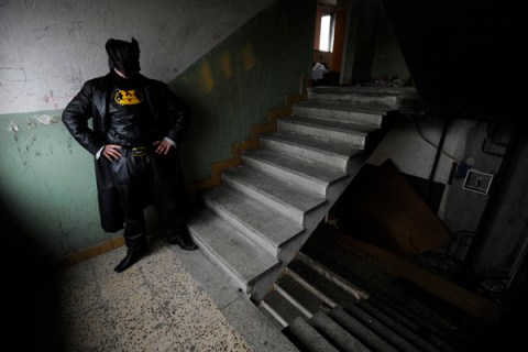Zoltan Kohari, known as the Slovak Batman, poses in his home in the town of Dunajska Streda