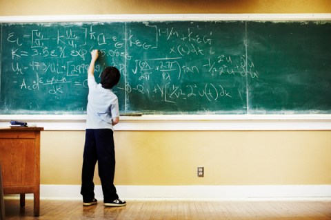 Boy doing math at chalkboard, Student, Class, School