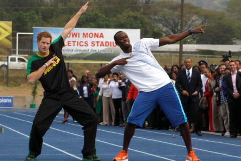 Britain's Prince Harry and Olympic gold medallist Bolt pose at the Usain Bolt track at the University of the West Indies in Kingston, Jamaica