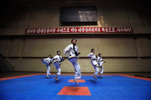 Girls train at Taekwondo Hall in Pyongyang