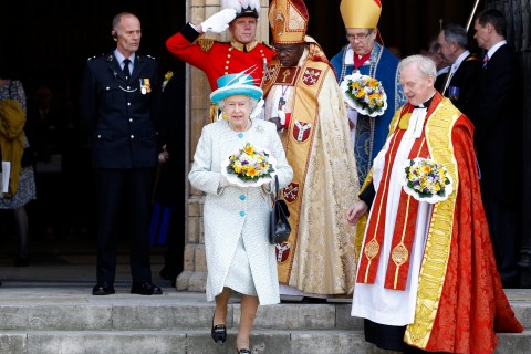 Britain's Queen Elizabeth leaves after the Maundy Service at York Minster in northern England