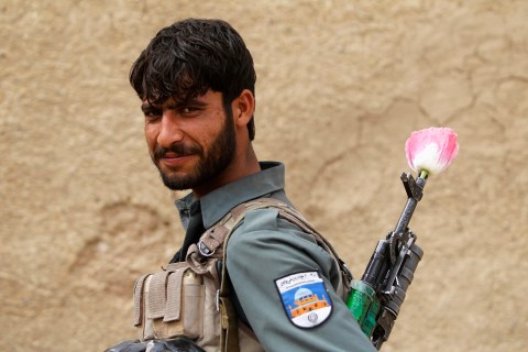 An Afghan policeman carries a poppy flower in the barrel of his gun, in the Maiwand district of Kandahar province