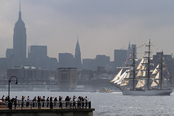 The Brazilian Navy tall ship Cisne Branco makes its way up the Hudson River for the 25th annual Fleet Week celebration in New York