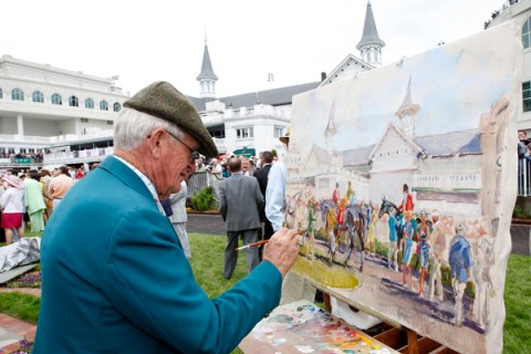 Artist paints a scene from the paddock before the Kentucky Derby at Churchill Downs in Louisville