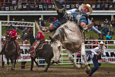 Jake Vold of Ponoka, Alberta rides a bronco named Game Changer during the 94th Annual Falkland Stampede in Falkland