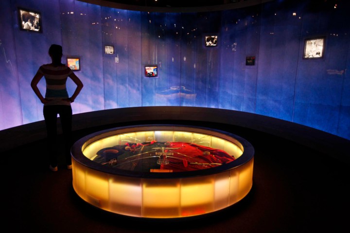 A visitor looks at an exhibit called "Eye of the Storm" at the Smithsonian Institution's American Indian Museum in Washington