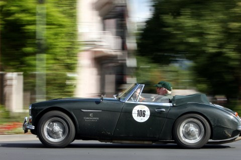 An Austin Healey 3000 of 1966 participates in a rally in the streets of Bad Kissingen village