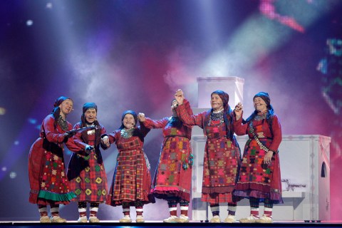 Buranovskiye Babushki of Russia perform their song "Party For Everybody" during a rehearsal for the Eurovison Song Contest final in Baku