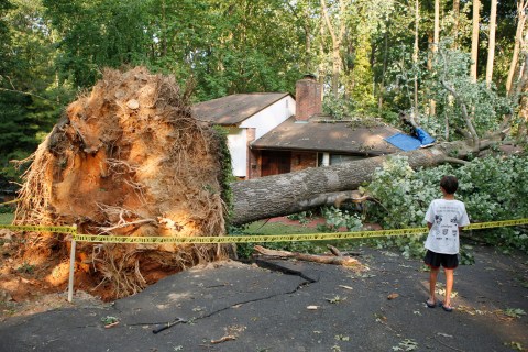 A child looks at a house struck by a tree after a violent thunderstorm ripped through the area on Saturday evening, in Falls Church, Virginia