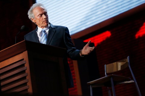 Actor Clint Eastwood addresses an empty chair during the final session of the Republican National Convention in Tampa