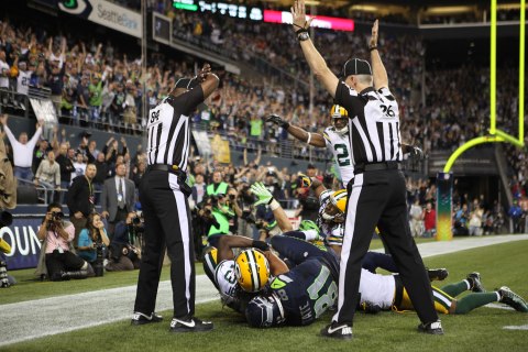 image: Wide receiver Golden Tate of the Seattle Seahawks makes a catch in the end zone to defeat the Green Bay Packers on a controversial call by the officials at CenturyLink Field in Seattle, on Sept. 24, 2012 . 