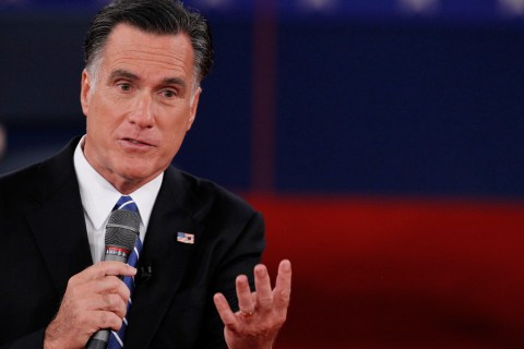 Republican presidential nominee Romney answers a question during the second presidential debate in Hempstead