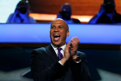 Mayor of Newark, New Jersey, Booker reacts during the first day of the Democratic National Convention in Charlotte