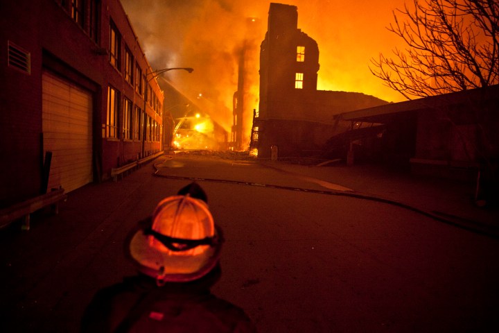 Chicago firefighters respond to a 5 alarm warehouse fire in the Bridgeport neighborhood of Chicago on Jan. 22, 2013.