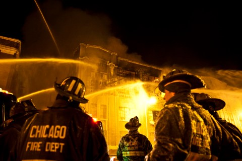 Chicago firefighters respond to a 5 alarm warehouse fire in the Bridgeport neighborhood of Chicago on Jan. 22, 2013.