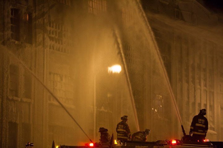 Chicago firefighters respond to a 5 alarm warehouse fire in the Bridgeport neighborhood of Chicago. The fire called for a third of the department's on-duty personal to respond when the fire consumed the five story building on Tuesday, January 22, 2013.