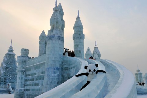 An employee wearing a panda costume slides down from an ice sculpture during the Harbin International Ice and Snow World festival in Harbin