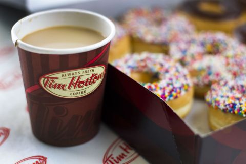 image: A Tim Hortons coffee and doughnuts are shown in Toronto, Ontario, Canada on August 3, 2011.