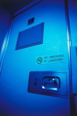 Image: Close-up of the door of an airplane toilet
