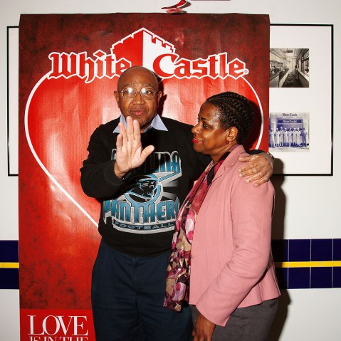 Benjamin M. Cooke III and Gale Romaine Smith Cooke at at White Castle in Midtown Manhattan.They have gone to White Castle every Valentine's Day for nearly 15 years.