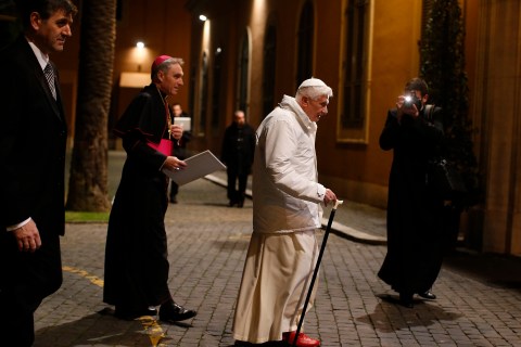 Pope Benedict XVI arrives to attend a meeting with seminarians at the Romano Maggiore seminary in Rome