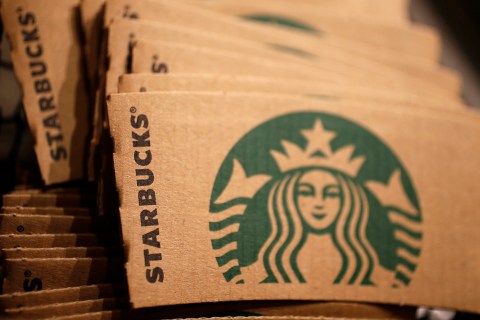 Branded packaging is seen in Starbucks' Vigo Street branch in Mayfair, central London