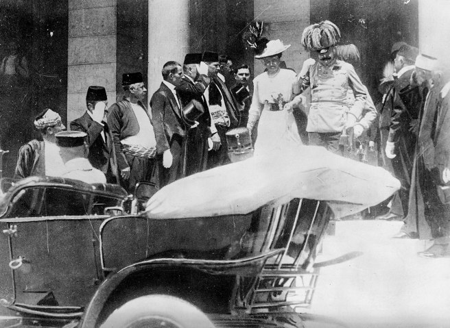 8th June 1914. Sarajevo, Bosnia. A photograph of Archduke Franz Ferdinand and his wife, the Duchess of Hohenberg, taken as they were leaving the town hall, a few moments before they were assassinated. The incident is believed to have been a major contribu