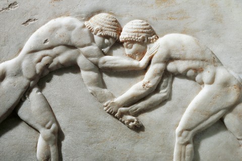 Greek civilization, Plinth of kouros statue, bas-relief depicting wrestlers, circa 510 B.C., detail, from Kerameikos necropolis in Athens, Greece