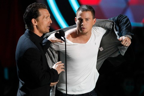 Actors Matthew McConaughey and Channing Tatum present the award for best on-screen transformation at the 2012 MTV Movie Awards in Los Angeles