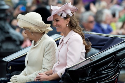 Britain's Camilla, Duchess of Cornwall and Catherine, Duchess of Cambridge return to Buckingham Palace after attending the Trooping the Colour ceremony on Horse Guards Parade in central London