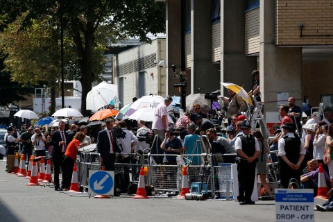 Members of media gather across from St Mary's Hospital Lindo Wing in London, on July 22, 2013.