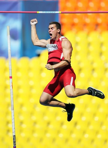 Mihail Dudas of Serbia celebrates after clearing the bar at the men's decathalon pole vault event during the IAAF World Athletics Championships at the Luzhniki stadium in Moscow, on Aug. 11, 2013.