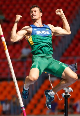 Carlos Chinin of Brazil celebrates after clearing the bar at the men's decathalon pole vault event during the IAAF World Athletics Championships at the Luzhniki stadium in Moscow, on Aug. 11, 2013.