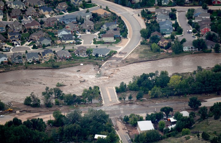 An aerial photograph shows the damage in Lyons from the flood, Sept. 13, 2013. Massive flooding continues to hit Colorado. 