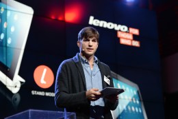 Ashton Kutcher, named Lenovo product engineer, launches Yoga Tablet at YouTube Space LA in Los Angeles, on Oct. 29, 2013.