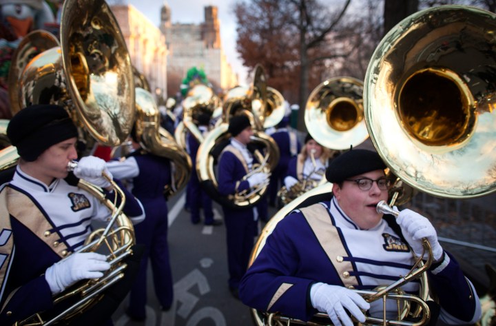 Musicians warm up before the 87th Macy's Thanksgiving day parade in New York