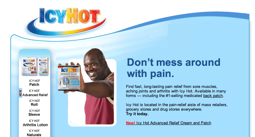 Icy Hot: The athlete is the first thing you see on the pain reliever’s webs...