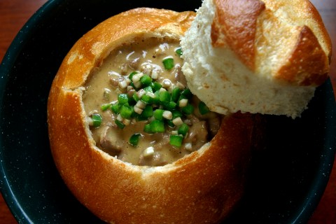 A bread bowl with philly cheesesteak soup, in Denver, on Jan. 25, 2005.