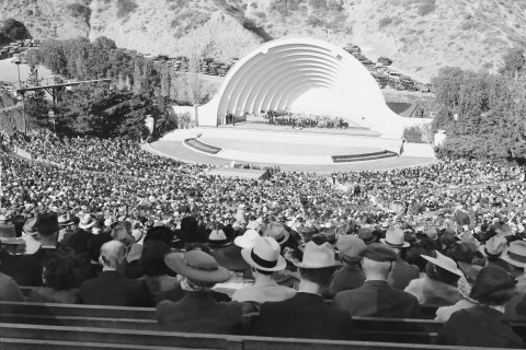 Over 20,000 people gather at a pre-election rally to listen to Sheridan Downey, Democratic candidate for the U.S. Senate at the Hollywood Bowl in Los Angeles, Nov. 6, 1938.