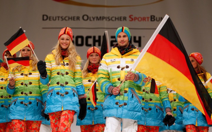 German athletes present the official uniforms of the German Olympic team for the Sochi 2014 Winter Olympic Games in Duesseldorf Oct. 1, 2013.  