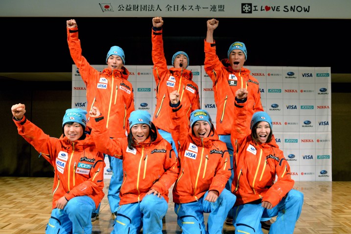Front row from left: Yuki Ito, Masako Ishida, Miki Ito, Yuka Fujimori; back row from left: Daiki Ito, Akito Watanabe, Naoki Yuasa present their uniform for the Winter Olympics in Sochi on Oct. 30, 2013 in Tokyo. 