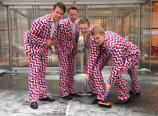 Members of Norway's Men's Olympic Curling Team (from left: Thomas Ulsrud, Torgor Nergard, Christoffer Svae, and Havard Vad Petersson) wear their new Sochi 2014 in New York  Jan. 21, 2014. 