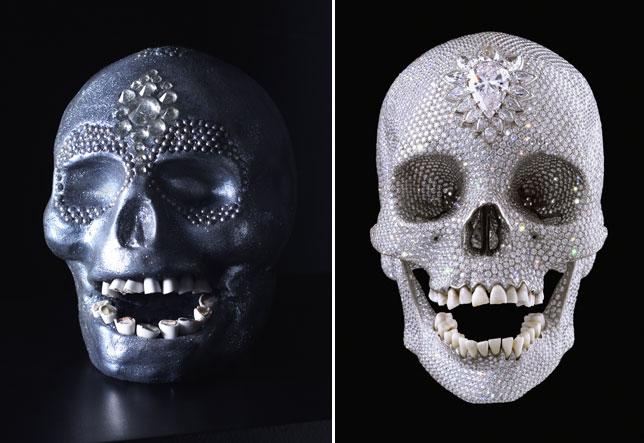 Left: Edible Damien Hirst skull; Right: Original Damien Hirst platinum cast of a human skull.