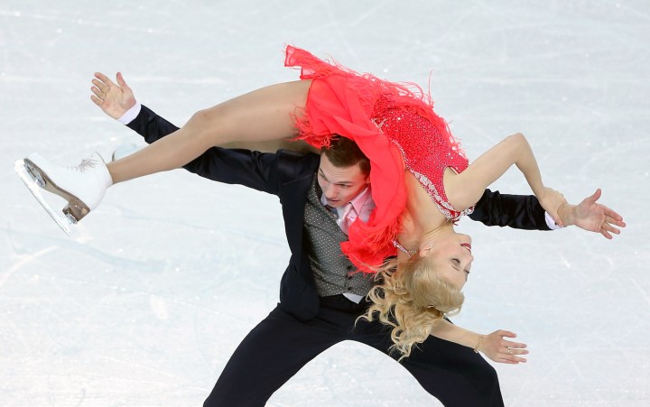 Ekaterina Bobrova and Dmitri Soloviev of Russia compete in the Figure Skating Team Ice Dance - Short Dance.